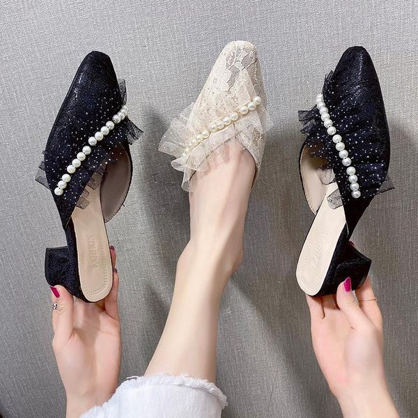 korean style women's summer chunky heel semi-slipper women fashion lace pointed toe mid pearl sandals a564 slippers, Black
korean style women's summer chunky heel semi-slipper women fashion lace pointed toe mid pearl sandals a564 slippers, Black
