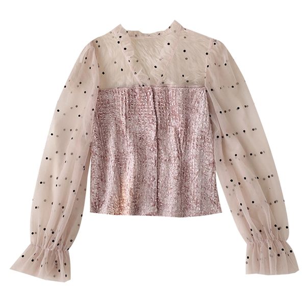 women pink apricot v-neck polka dot mesh patchwork flare long sleeve shirt spring summer b0733 210514, White
women pink apricot v-neck polka dot mesh patchwork flare long sleeve shirt spring summer b0733 210514, White