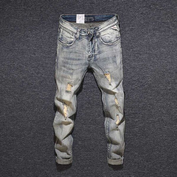 men's jeans italian style fashion slim fit retro yellow washed elastic ripped hip hop pants vintage designer homme ydwf, Blue
men's jeans italian style fashion slim fit retro yellow washed elastic ripped hip hop pants vintage designer homme ydwf, Blue