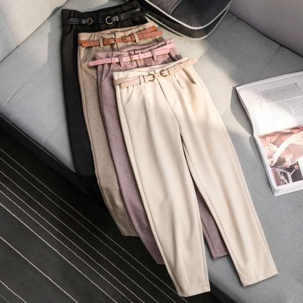 women's pants & capris korean winter wool women high slim waist belted harem elegant trousers female autumn warm long f201, Black;white
women's pants & capris korean winter wool women high slim waist belted harem elegant trousers female autumn warm long f201, Black;white