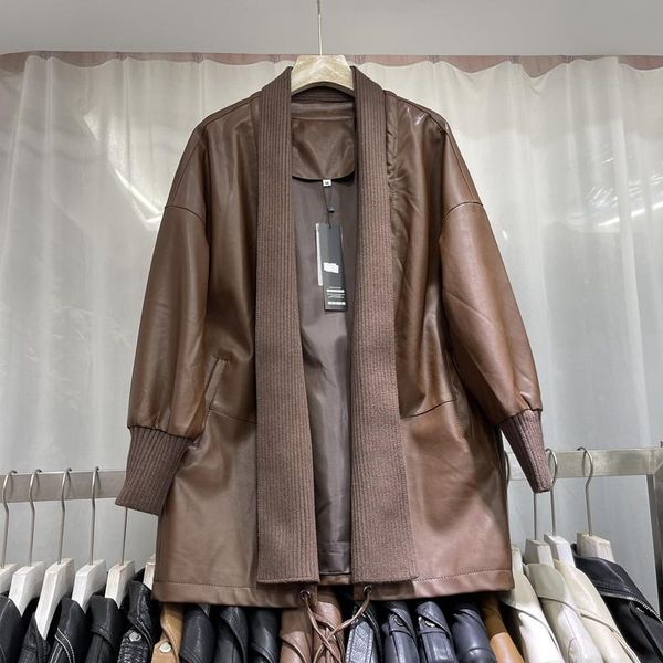 women's leather & faux 2021 spring autumn mid-length knitted stitching pu cardigan coat loose long sleeve biker jacket female outerwear, Black
women's leather & faux 2021 spring autumn mid-length knitted stitching pu cardigan coat loose long sleeve biker jacket female outerwear, Black