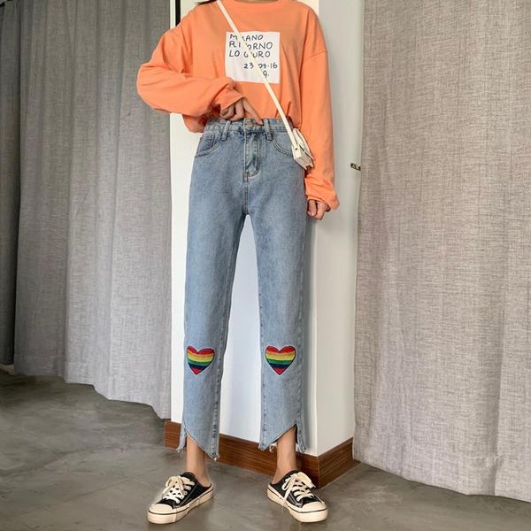 japanese ins rainbow embroidery slim casual harajuku sweet personality cute irregular straight pants kawaii wide leg trend women's jean, Blue
japanese ins rainbow embroidery slim casual harajuku sweet personality cute irregular straight pants kawaii wide leg trend women's jean, Blue