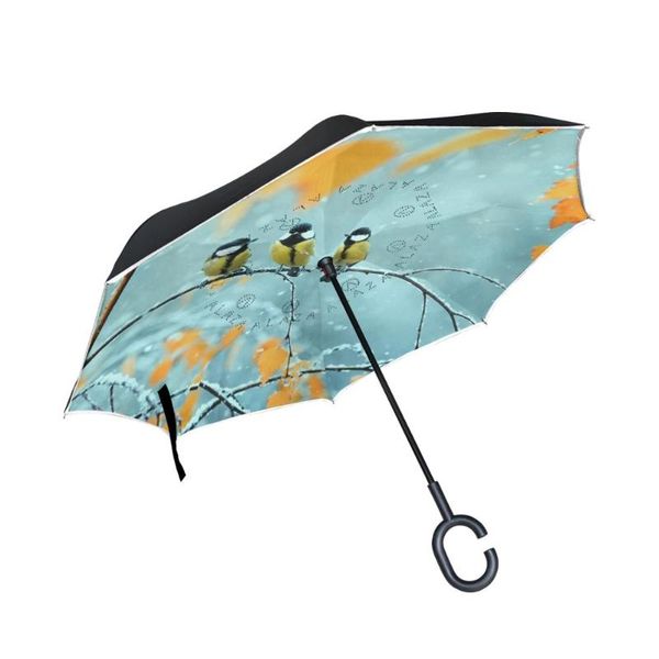 

umbrellas susino leaves with three birds umbrella for women upside down stick windproof black reverse c-hook handle