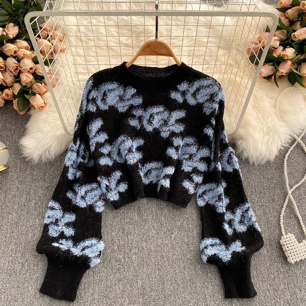 women's sweaters french retro short knit sweater autumn 2021 flower contrast loose wild temperament age-reducing kk1239, White;black
women's sweaters french retro short knit sweater autumn 2021 flower contrast loose wild temperament age-reducing kk1239, White;black