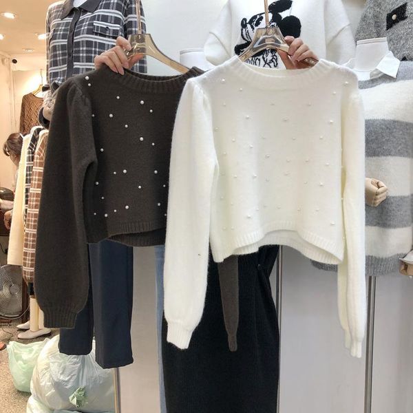 women's sweaters early autumn pure color sweet bubble sleeve age reduction versatile nail bead short board pullover sweater for women, White;black
women's sweaters early autumn pure color sweet bubble sleeve age reduction versatile nail bead short board pullover sweater for women, White;black