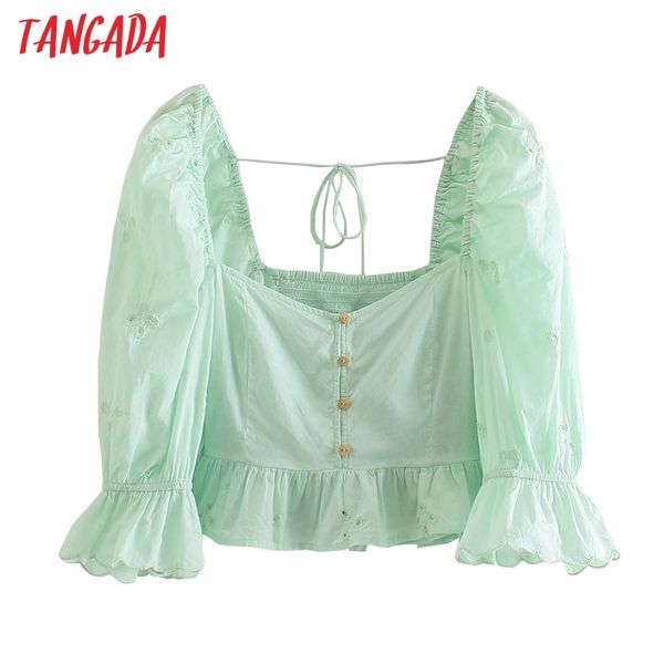 women retro green ruffles embroidery romantic crop short sleeve summer shirt je61 210416, White
women retro green ruffles embroidery romantic crop short sleeve summer shirt je61 210416, White