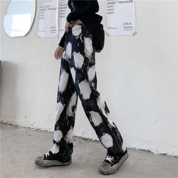 jeans harajuku street style women's retro tie-dye denim prints loose large size brim pants high waist straight legged breeches trend, Blue
jeans harajuku street style women's retro tie-dye denim prints loose large size brim pants high waist straight legged breeches trend, Blue