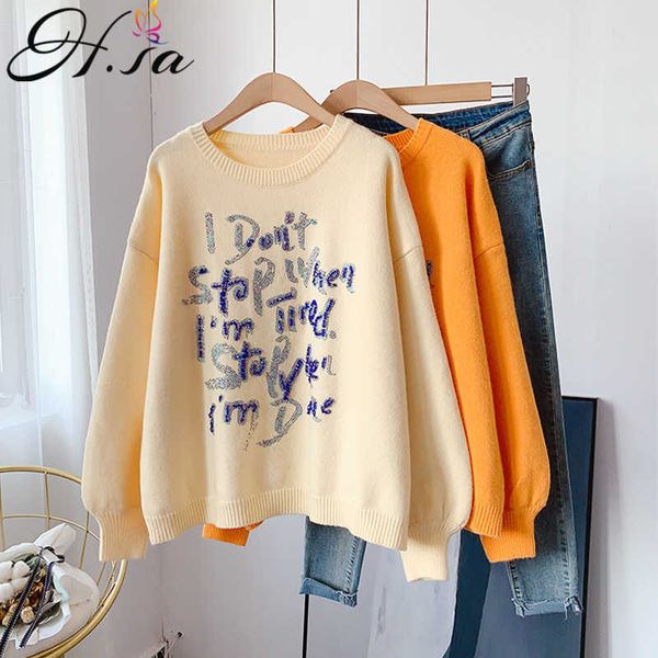 h.sa woman winter sweaters pull knit jumpers oneck loose drilling sweaters sequined oversized pullovers korean 210716, White;black
h.sa woman winter sweaters pull knit jumpers oneck loose drilling sweaters sequined oversized pullovers korean 210716, White;black