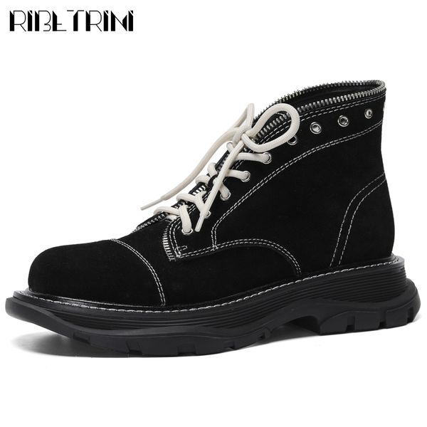 boots cow suede leather leisure chic skidproof sole shoelaces shearling ankle booties casual shoes boots women, Black
