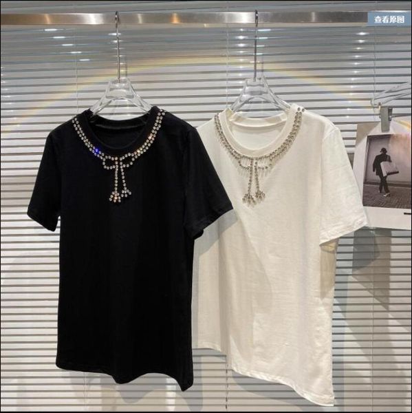women's t-shirt 2021 summer rhinestone neckline shiny round neck short sleeve half, White
women's t-shirt 2021 summer rhinestone neckline shiny round neck short sleeve half, White