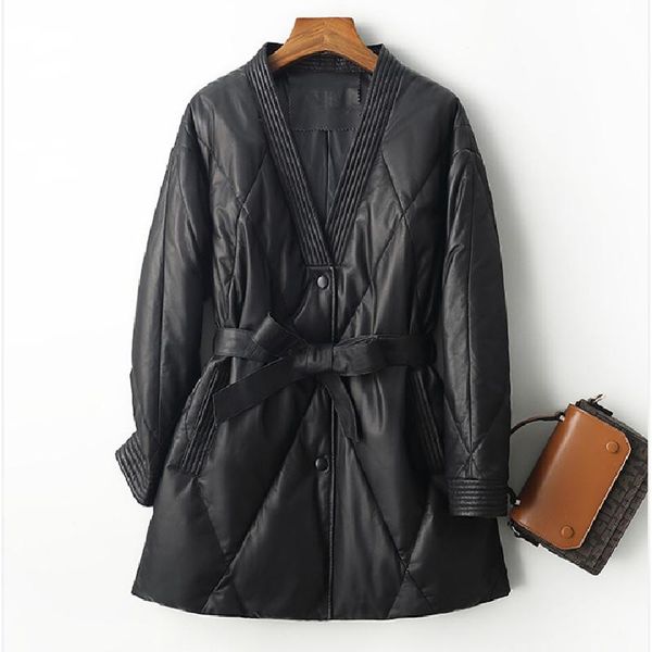women's leather & faux medium genuine down jackets female real sheep skin v-neck long coats slim warm overcoats 2021 fashion, Black
women's leather & faux medium genuine down jackets female real sheep skin v-neck long coats slim warm overcoats 2021 fashion, Black