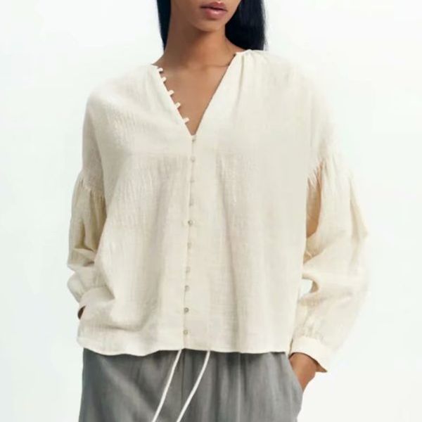 za summer women casual blouse long sleeve solid shirt v-neck female loose thin single breasted 210422, White
za summer women casual blouse long sleeve solid shirt v-neck female loose thin single breasted 210422, White