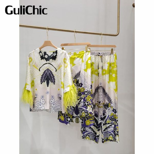 women's two piece pants 6.17 high end quality feather tassels silk print shirt blouse or waist slim skirt wide leg fashion set women, White
women's two piece pants 6.17 high end quality feather tassels silk print shirt blouse or waist slim skirt wide leg fashion set women, White