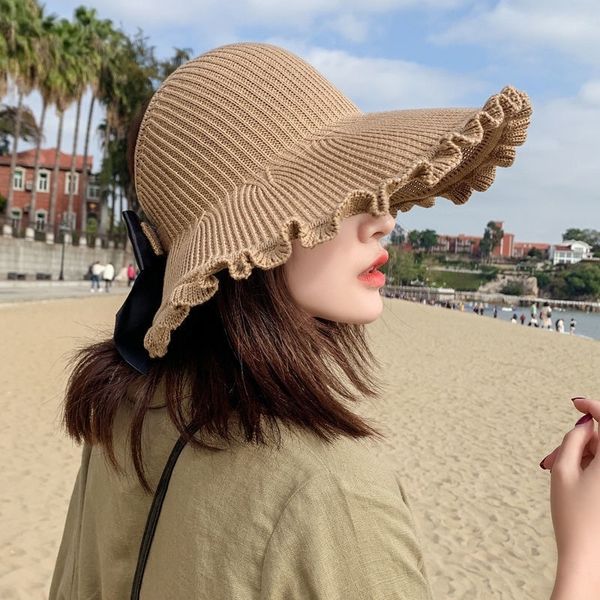 net red empty women's large wide edge bow lace knitted sunshade beach sunscreen spring and summer fisherman hat, Yellow
net red empty women's large wide edge bow lace knitted sunshade beach sunscreen spring and summer fisherman hat, Yellow
