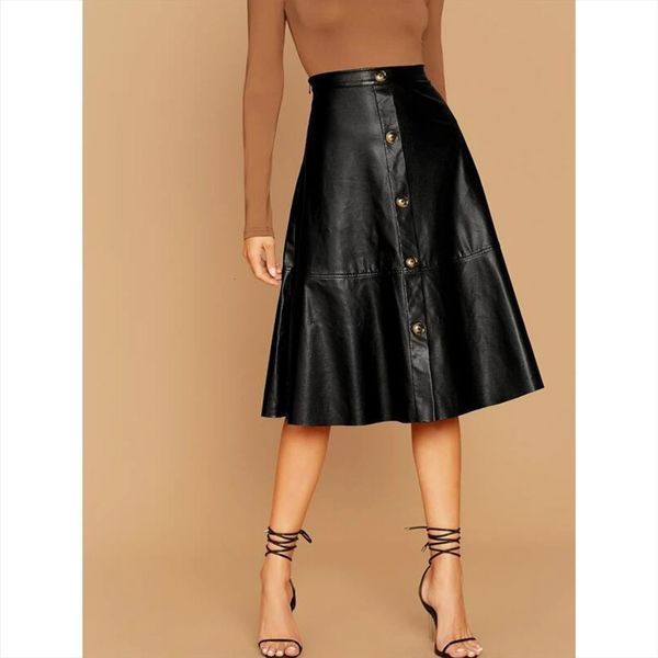 a line elegant fashion solid women skirt color pu smooth button high waist ladies wild stylish streetwear clothes, Black
a line elegant fashion solid women skirt color pu smooth button high waist ladies wild stylish streetwear clothes, Black