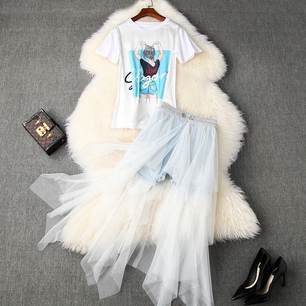 european and american women's dress summer styles printed t-shirt with short sleeves drill net denim shorts suit a83v, White
european and american women's dress summer styles printed t-shirt with short sleeves drill net denim shorts suit a83v, White