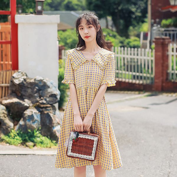 summer mori girl chic style peter pan kawaii women doll collar loose yellow vintage plaid sweet blue short es, Black;gray
summer mori girl chic style peter pan kawaii women doll collar loose yellow vintage plaid sweet blue short es, Black;gray