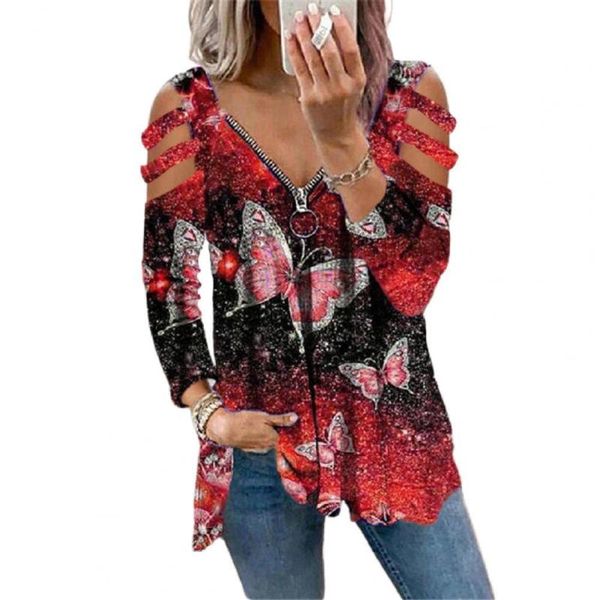 women's blouses & shirts lady shirt hollow out v neck casual butterfly print shiny sequins blouse colorful women for work, White
women's blouses & shirts lady shirt hollow out v neck casual butterfly print shiny sequins blouse colorful women for work, White