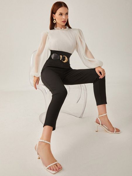ruffle mock neck lantern sleeve two tone jumpsuit without belt e7oa#, White