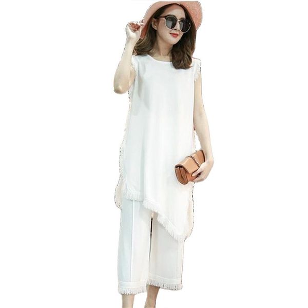 women's suit summer round neck fringed fringe decorative + wide leg pants ice silk knitted two-piece female 210520, White
women's suit summer round neck fringed fringe decorative + wide leg pants ice silk knitted two-piece female 210520, White