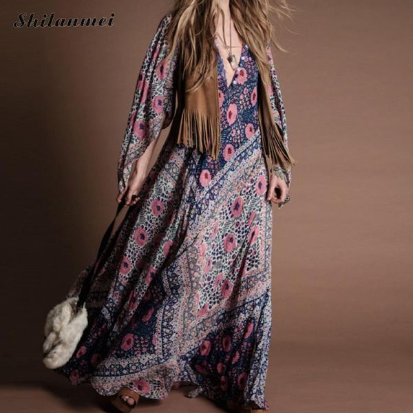 casual dresses deep v-neck bohemian dress chiffon vintage floral print beach boho long flare sleeve big swing maxi vestidos, Black;gray
casual dresses deep v-neck bohemian dress chiffon vintage floral print beach boho long flare sleeve big swing maxi vestidos, Black;gray