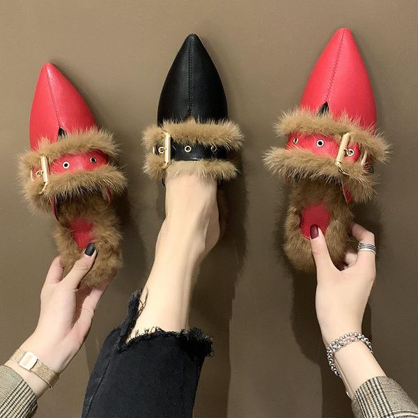 slippers pointed toe belt metal buckle mules shoes woman thick heels plush fur slides solid femme flip flops outside, Black
slippers pointed toe belt metal buckle mules shoes woman thick heels plush fur slides solid femme flip flops outside, Black
