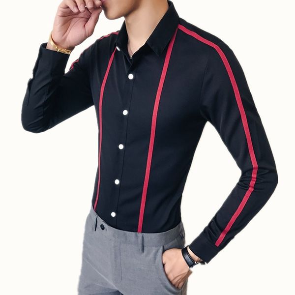 ribbon striped men's shirt long sleeve slim 2019 new men's social club shirt casual business dress party brand top, White;black
ribbon striped men's shirt long sleeve slim 2019 new men's social club shirt casual business dress party brand top, White;black