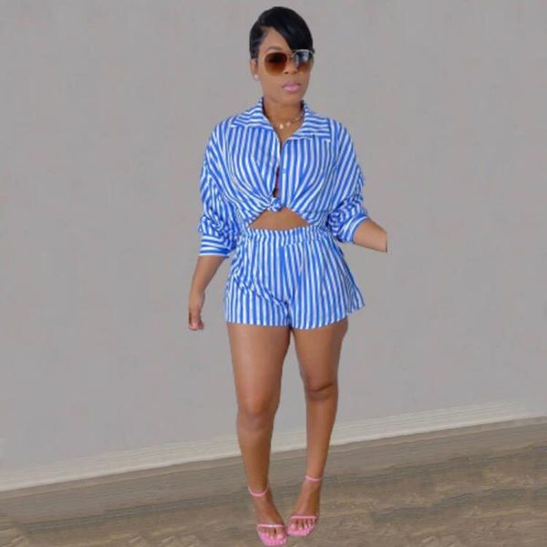 women's tracksuits summer turn-down collar long seeve single breasted elastic waist shorts striped two-piece suits, Gray
women's tracksuits summer turn-down collar long seeve single breasted elastic waist shorts striped two-piece suits, Gray