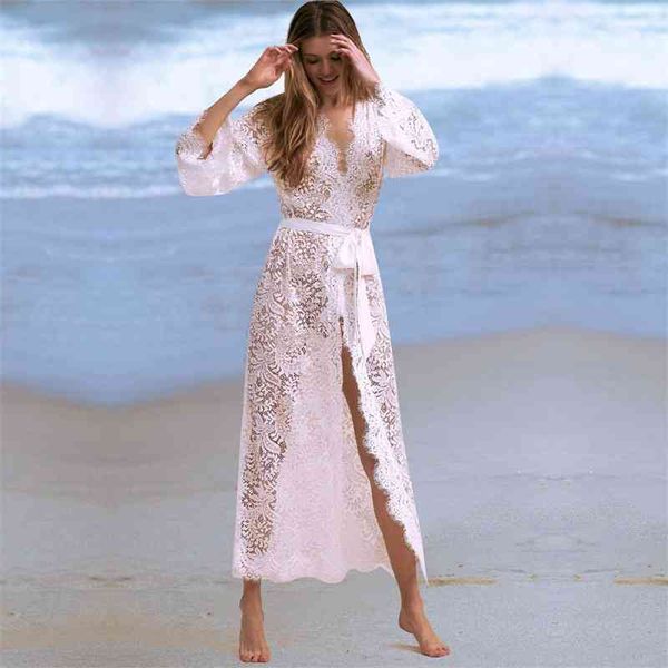 tunics for beach long lace beach dress women swim cover up plus size saida de praia robe plage kaftan #q622 210420, White;black