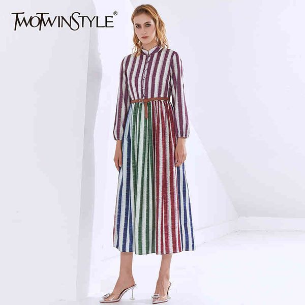 twotwinstyle hit color striped dress for women stand collar long sleeve high waist sashes elegant dresses female fashion 210517, Black;gray
twotwinstyle hit color striped dress for women stand collar long sleeve high waist sashes elegant dresses female fashion 210517, Black;gray