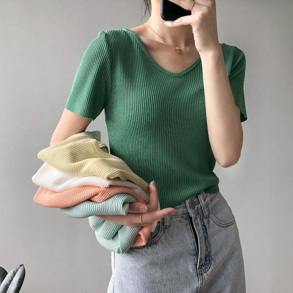 women's t-shirt ice silk short sleeve female summer v-neck women d3226#, White
women's t-shirt ice silk short sleeve female summer v-neck women d3226#, White
