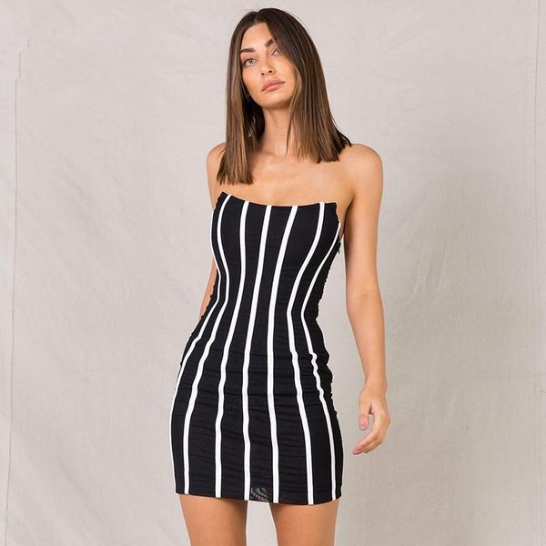 casual dresses 2021 chic white striped splicing design strapless sleeveless celebrity party bandage mini dresss, Black;gray
casual dresses 2021 chic white striped splicing design strapless sleeveless celebrity party bandage mini dresss, Black;gray