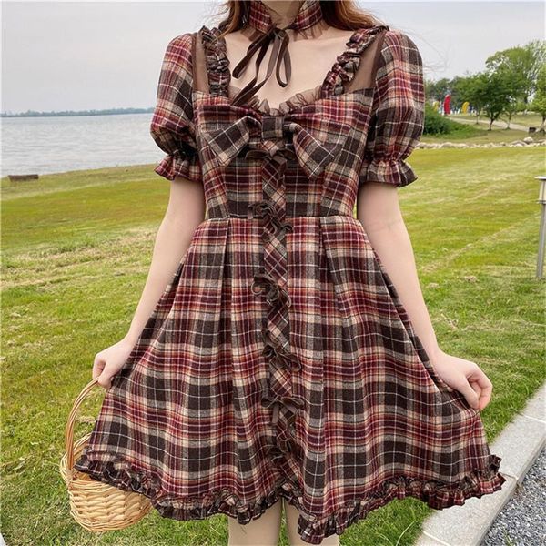 casual dresses japanese girl sweet retro square collar french lolita daily plaid high waist bubble sleeve dress bowknot cute summer, Black;gray
casual dresses japanese girl sweet retro square collar french lolita daily plaid high waist bubble sleeve dress bowknot cute summer, Black;gray
