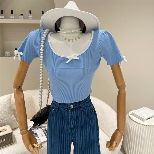 summer female 2021 niche design bubble pink peach short sleeve bow, White