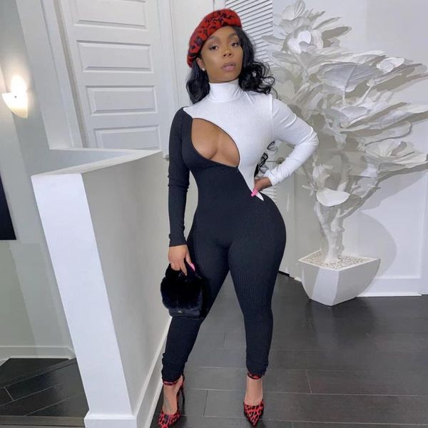 women's jumpsuits & rompers cut out bodycon jumpsuit rave festival body one piece club outfit women turtleneck long sleeve, Black;white 
women's jumpsuits & rompers cut out bodycon jumpsuit rave festival body one piece club outfit women turtleneck long sleeve, Black;white