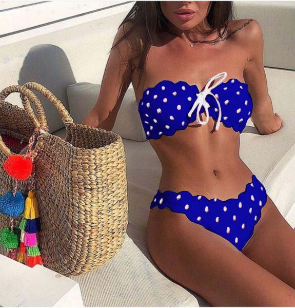 tied front two piece bikini set dotted print bathing suit flower edged beachwear strapless swimwear for woman, White;black
tied front two piece bikini set dotted print bathing suit flower edged beachwear strapless swimwear for woman, White;black