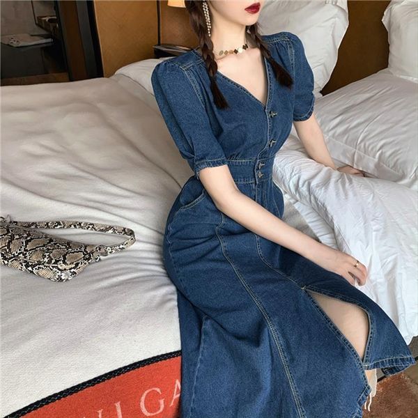 vintage mermaid solid women dresses v neck denim one piece slim long split elegant chic short sleeve party, Black;gray
vintage mermaid solid women dresses v neck denim one piece slim long split elegant chic short sleeve party, Black;gray
