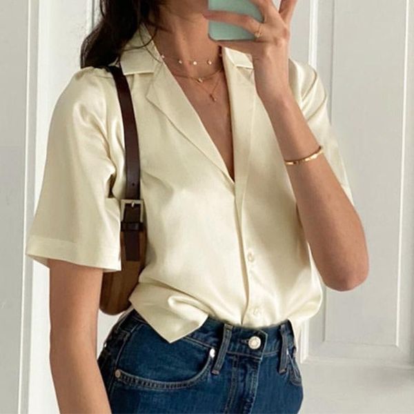 women's blouses & shirts summer ladies satin elegant shirt v-neck single-breasted casual pure color wild temperament sweet t-shirt, White
women's blouses & shirts summer ladies satin elegant shirt v-neck single-breasted casual pure color wild temperament sweet t-shirt, White