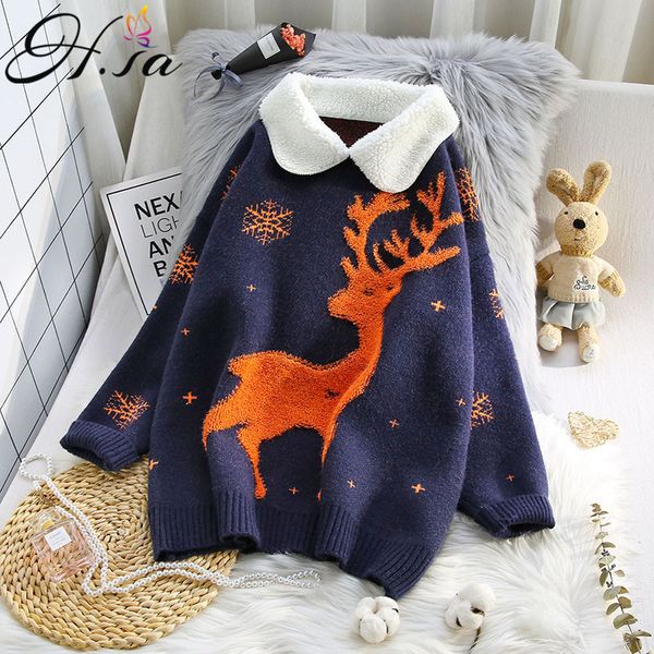 h.sa winter woman pullover and turn down collars cartoon cute christmas sweaters deer oversize jumper 210417, White;black
h.sa winter woman pullover and turn down collars cartoon cute christmas sweaters deer oversize jumper 210417, White;black