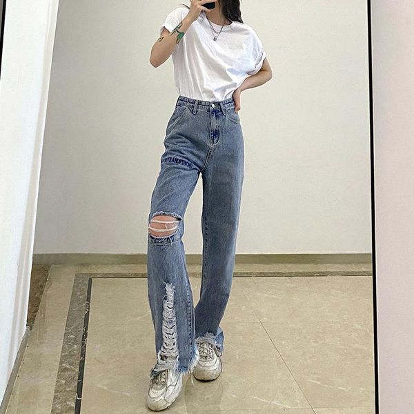 women's letter printing, distressed holes, personality straight-leg jeans with frayed edges, Blue
women's letter printing, distressed holes, personality straight-leg jeans with frayed edges, Blue