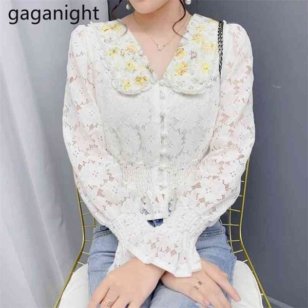 women lace blouse elegant peter pan collar flare long sleeve white shirts flower hollow fashion female blouses 210601
women lace blouse elegant peter pan collar flare long sleeve white shirts flower hollow fashion female blouses 210601