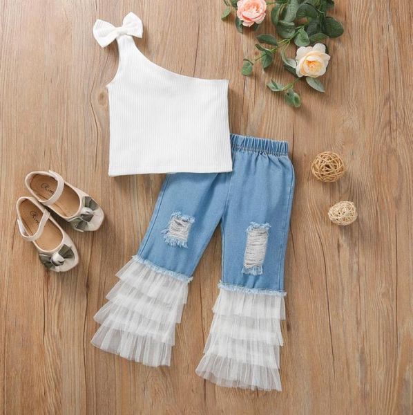 clothing sets girls kids fashion one shoulder bow vest camisole gauze stitching ripped denim pants suits set, White
clothing sets girls kids fashion one shoulder bow vest camisole gauze stitching ripped denim pants suits set, White