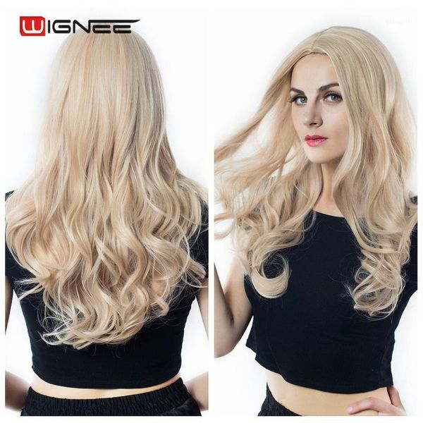 wignee mixed ash blonde middle part long wavy wig high temperature natural hair wave synthetic glueless cosplay fake hair1, Black 
wignee mixed ash blonde middle part long wavy wig high temperature natural hair wave synthetic glueless cosplay fake hair1, Black