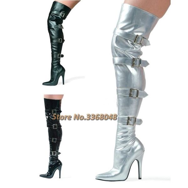 boots silver multi-buckle decor over the knee thin high heel pointed toe runway women solid leather winter, Black
boots silver multi-buckle decor over the knee thin high heel pointed toe runway women solid leather winter, Black