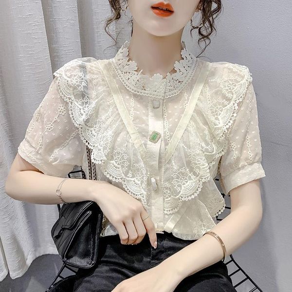 women's blouses & shirts 2021 women summer vintage blouse lady casual short sleeve ruffles stand collar chiffon female single breasted, White
women's blouses & shirts 2021 women summer vintage blouse lady casual short sleeve ruffles stand collar chiffon female single breasted, White