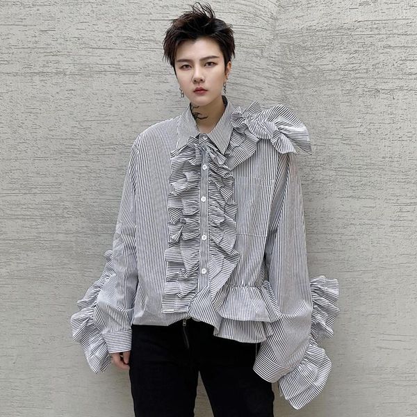 men's casual shirts spring and summer fashion striped shirt trend stage dress ruffled personality korean loose, White;black
men's casual shirts spring and summer fashion striped shirt trend stage dress ruffled personality korean loose, White;black