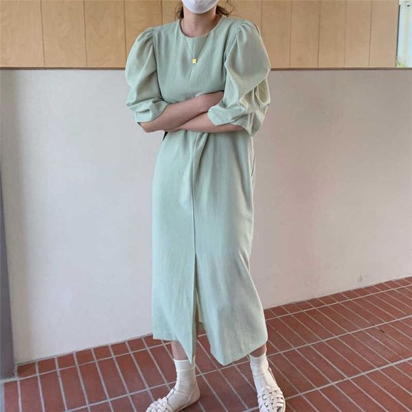 korean solid dress women chic summer french style elegant o-neck creasing puff sleeve ins style loose split fork long dresses 210527, Black;gray
korean solid dress women chic summer french style elegant o-neck creasing puff sleeve ins style loose split fork long dresses 210527, Black;gray