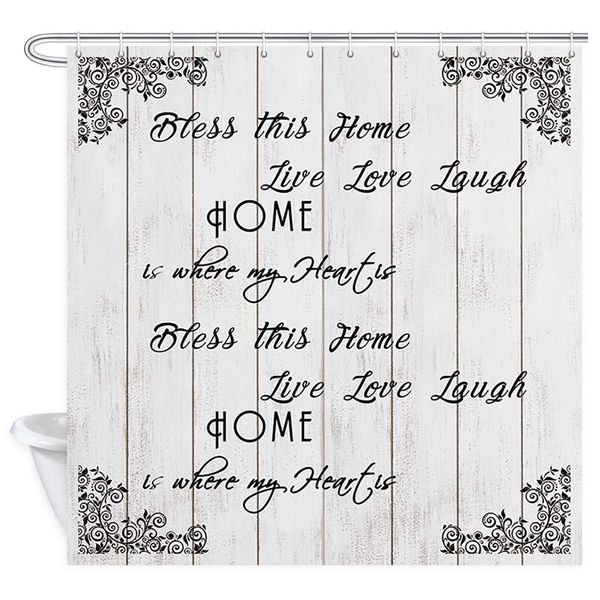inspirational farmhouse shower curtain, quote bless this home live love laugh words and flowers pattern on rustic wooden plank
inspirational farmhouse shower curtain, quote bless this home live love laugh words and flowers pattern on rustic wooden plank