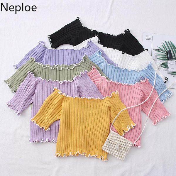 women's t-shirt neploe 2021 sweet shirts female ruffles slash neck off shoulder crop rops summer shour sleeve tees solid knitted women, White
women's t-shirt neploe 2021 sweet shirts female ruffles slash neck off shoulder crop rops summer shour sleeve tees solid knitted women, White