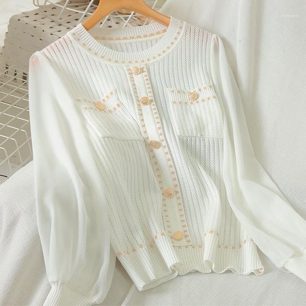 women's sweaters spring autumn clothing 2021 retro round collar thin sweater long-sleeve chiffon stitching knit shirts slimming, White;black
women's sweaters spring autumn clothing 2021 retro round collar thin sweater long-sleeve chiffon stitching knit shirts slimming, White;black